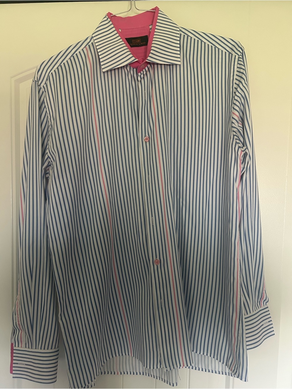 Men's Blue and White Vertical Stripe Dress Shirt with Pink Trim